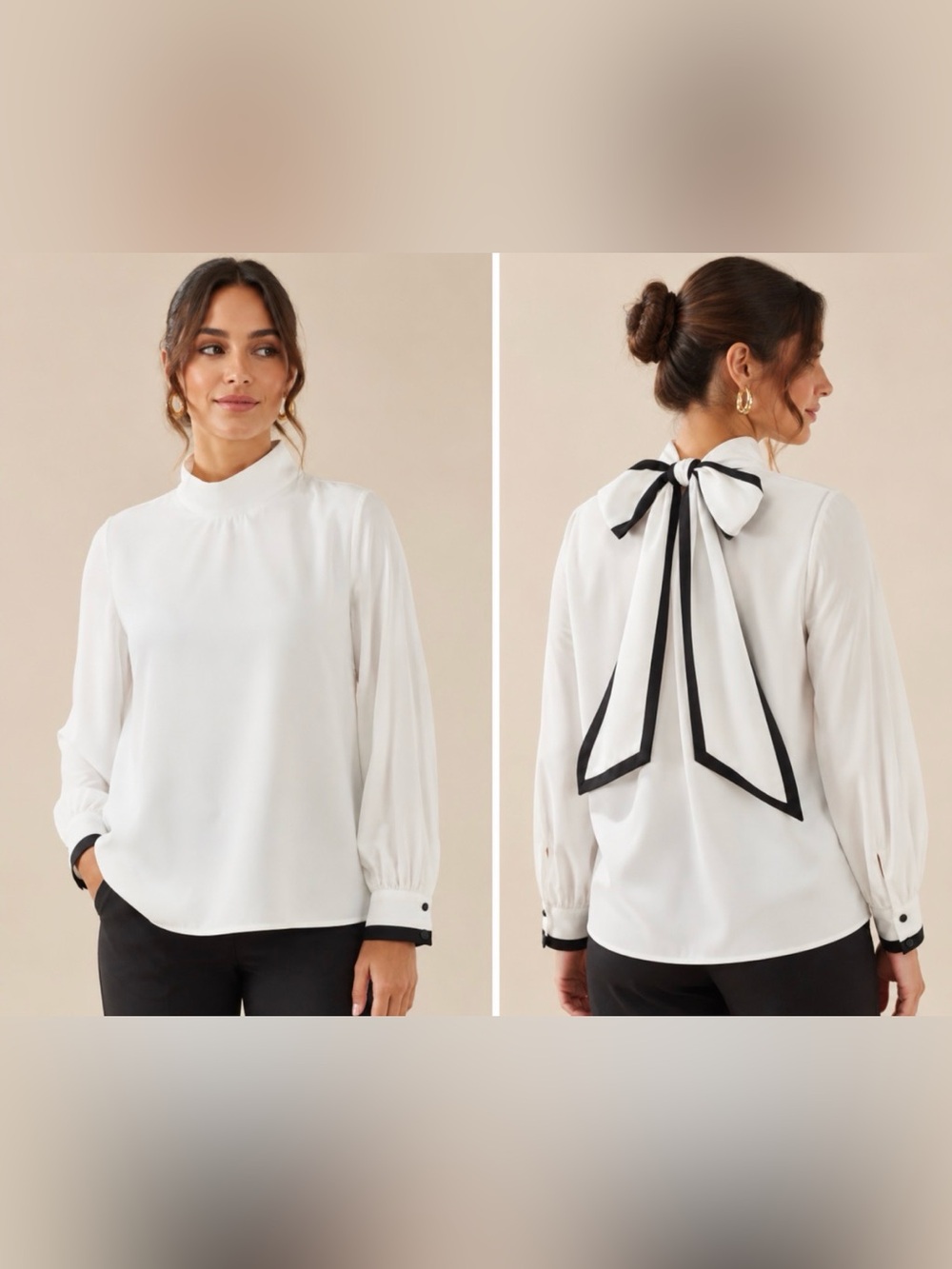 New York & Company White Blouse with Black Logo Trim